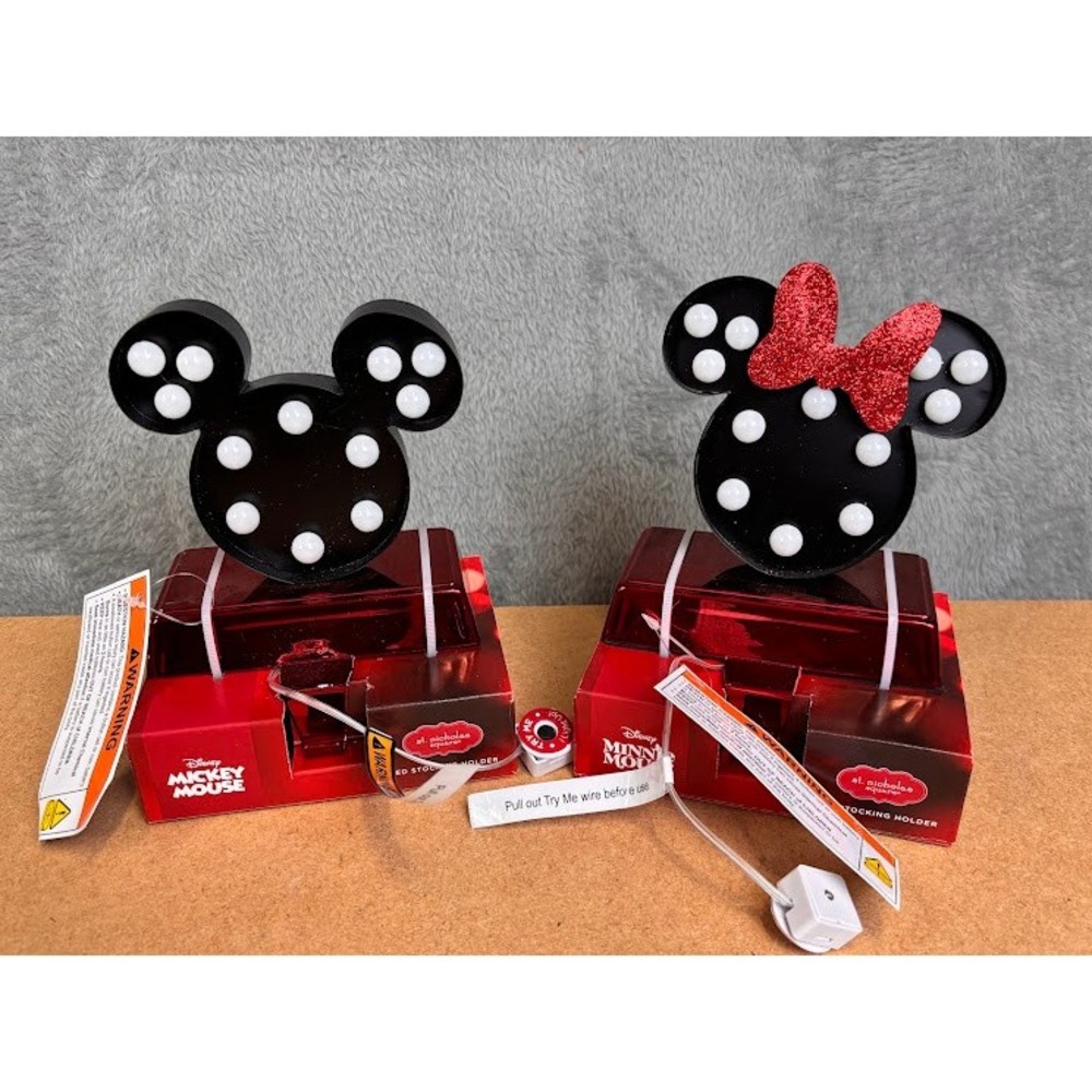Disney Mickey Minnie Mouse LED Marquee Stocking Holders St Nicholas Square Set 2